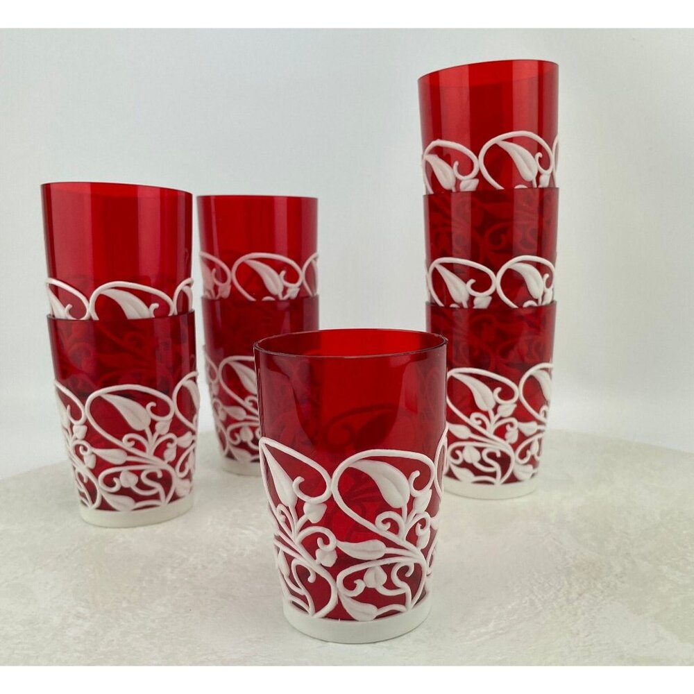 Vintage 70s tumblers, KH Hong Kong red plastic tumblers, filigree sleeves